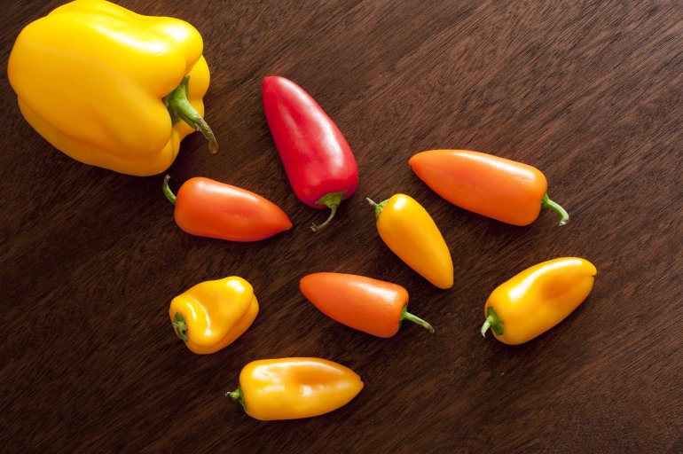 Colourful orange and red mini and large capsicums or sweet bell peppers on a timber chopping board