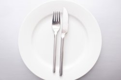 Empty generic white plate with knife and fork