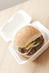hamburger in take out carton