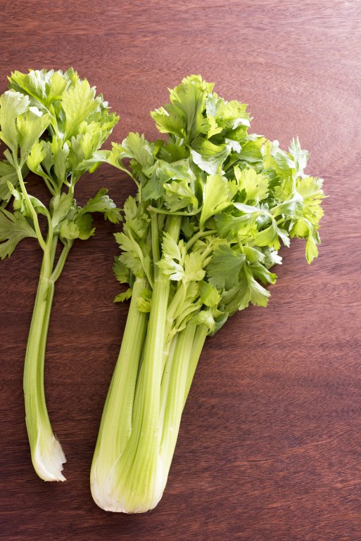 Fresh green celery with thick stem on kitchen table as an ingredient for cooking, viewed in close-up