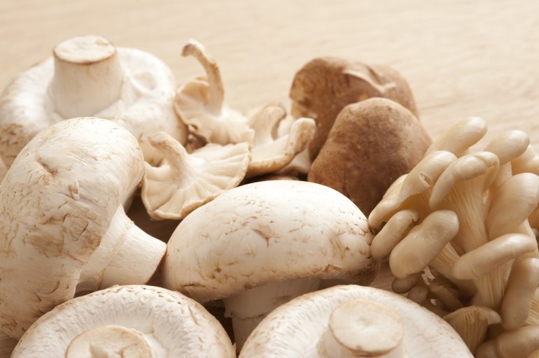 Assortment of fresh whole edible mushrooms including shitake, shimeji and agaricus bisporus or button mushrroms lying in a heap on a wooden chopping board ready to be used in cooking a meal